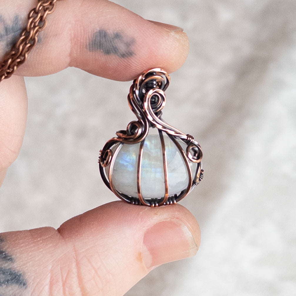 Mini Rainbow Moonstone Antiqued Copper Pumpkin Pendant