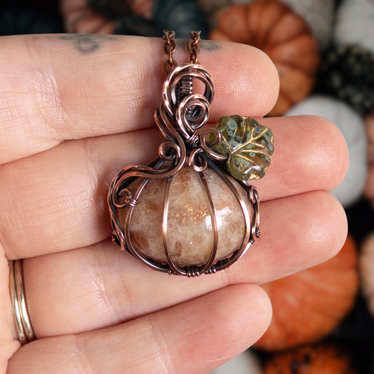 Sunstone Antiqued Copper Pumpkin Pendant With Czech Glass Leaf