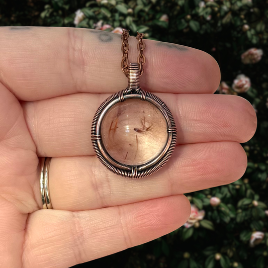 Gold Rutilated Quartz Antiqued Copper Medallion Pendant
