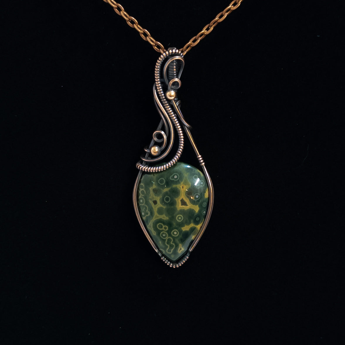 Green & Yellow Ocean Jasper Copper Wrapped Pendant