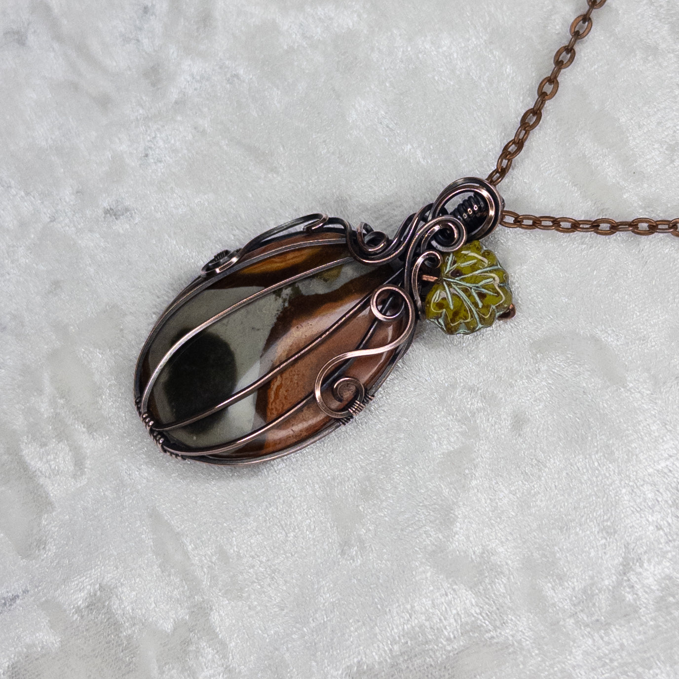 Polychrome Jasper Antiqued Copper Pumpkin Pendant With Czech Glass Leaf