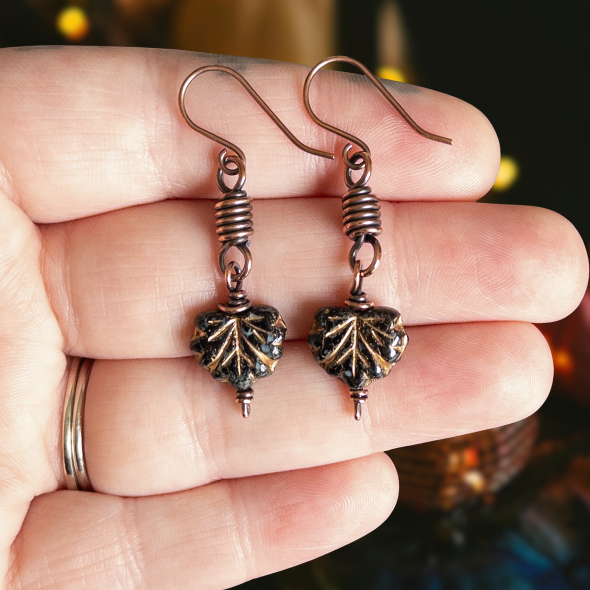 Black Leaf Antiqued Copper Earrings