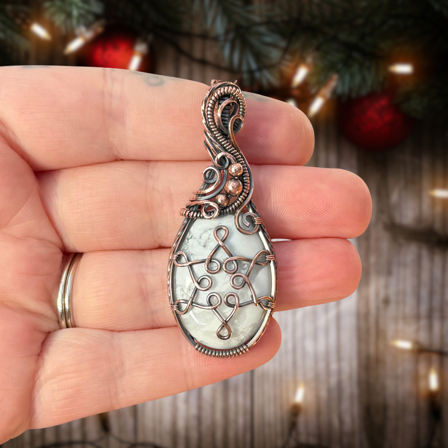 Howlite Snowflake Antiqued Copper Pendant - B