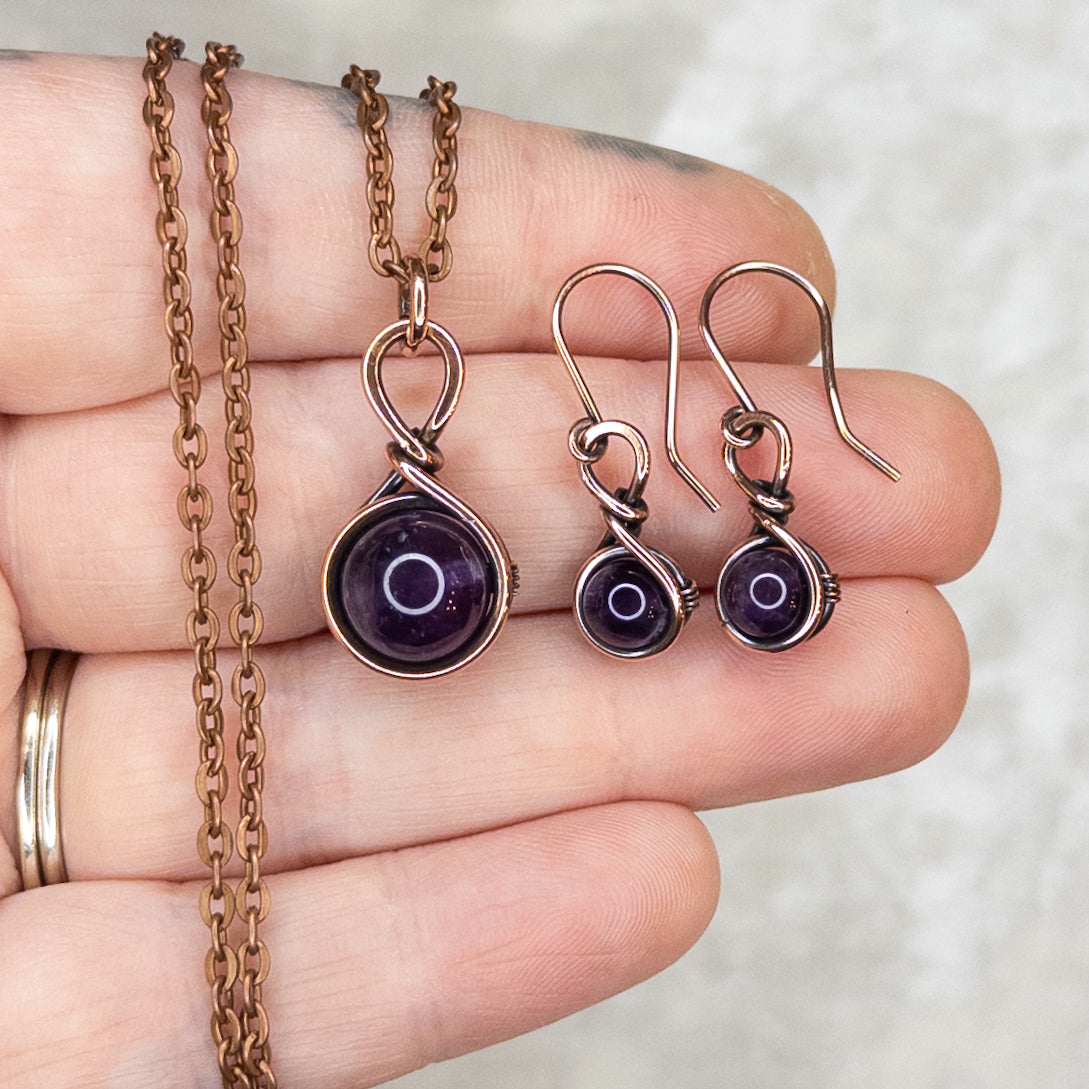 Drops of Amethyst Antiqued Copper Pendant & Earrings Set