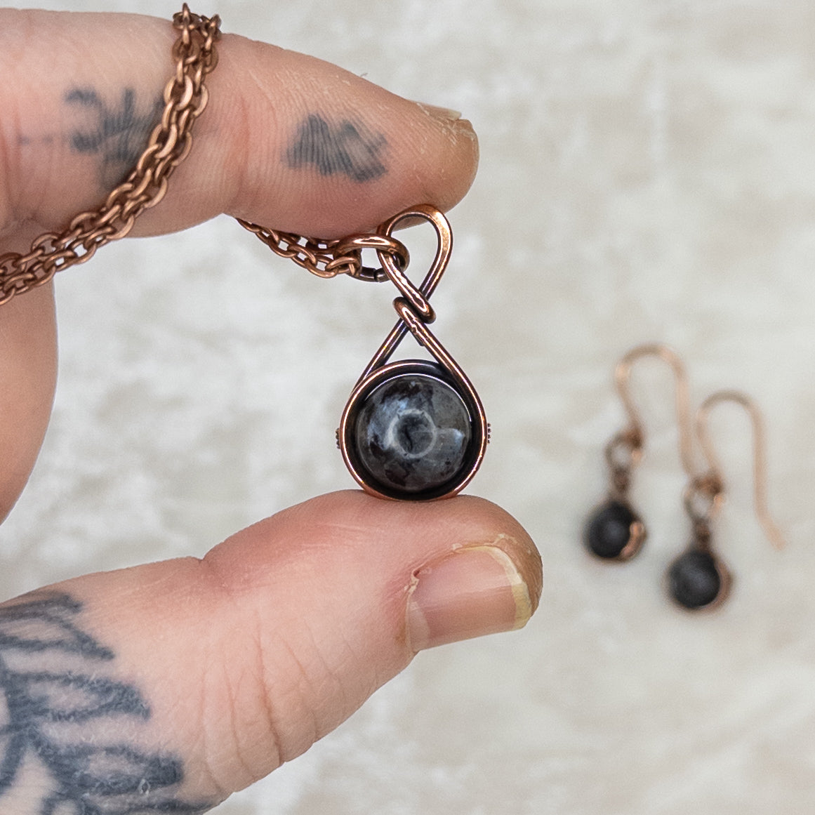 Drops Of Larvikite Antiqued Copper Necklace & Earring Set