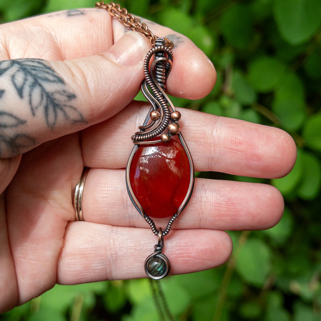 Carnelian With Labradorite Charm Antiqued Copper Wrapped Pendant