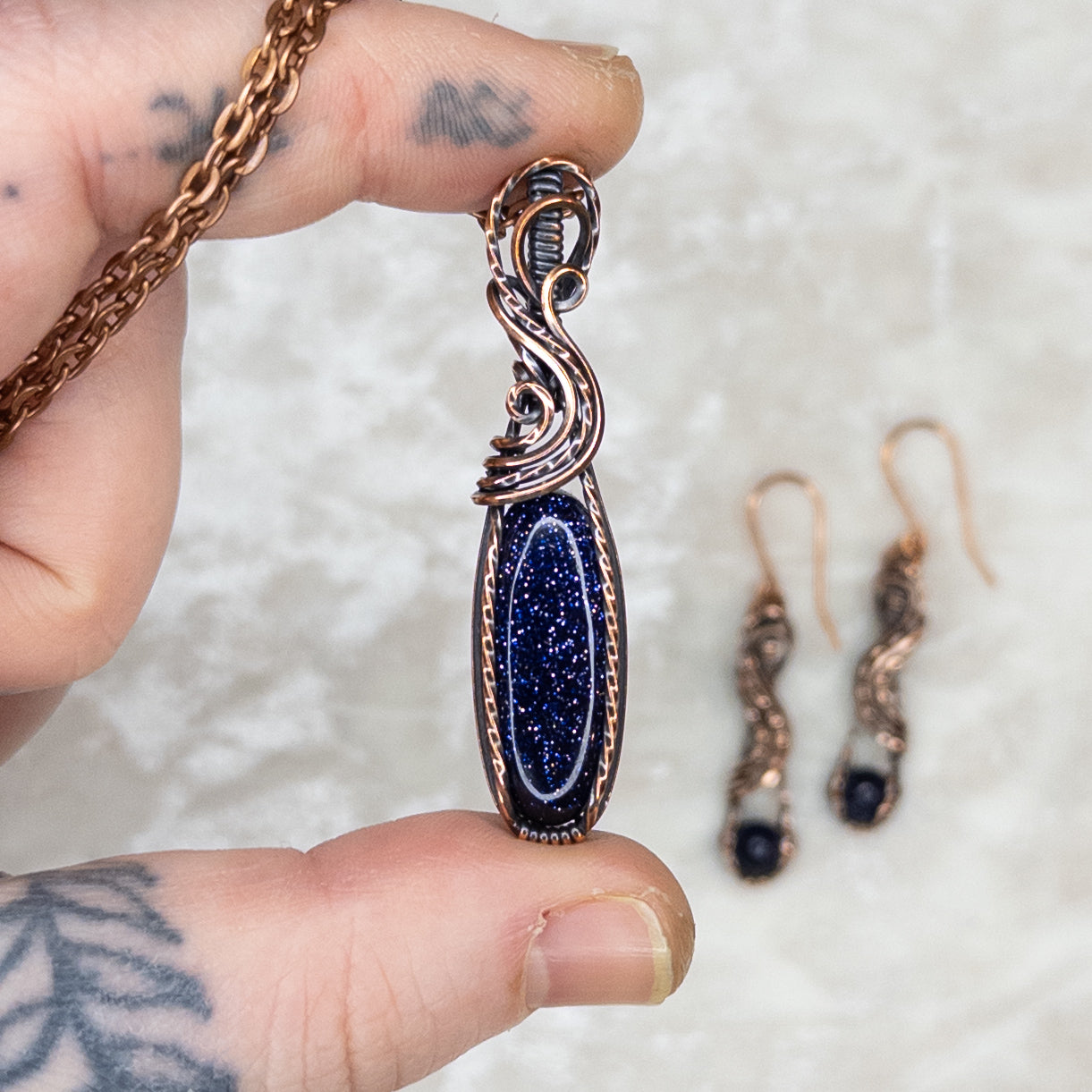 Blue Goldstone Antiqued Copper Pendant & Earrings Set