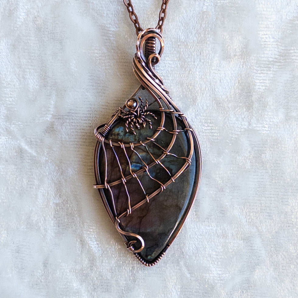 Labradorite Spider & Web Antiqued Copper Pendant