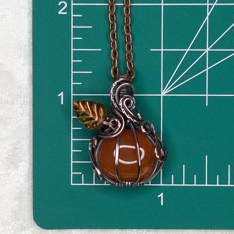 Orange Carnelian Antiqued Copper Pumpkin Pendant With Czech Glass Leaf