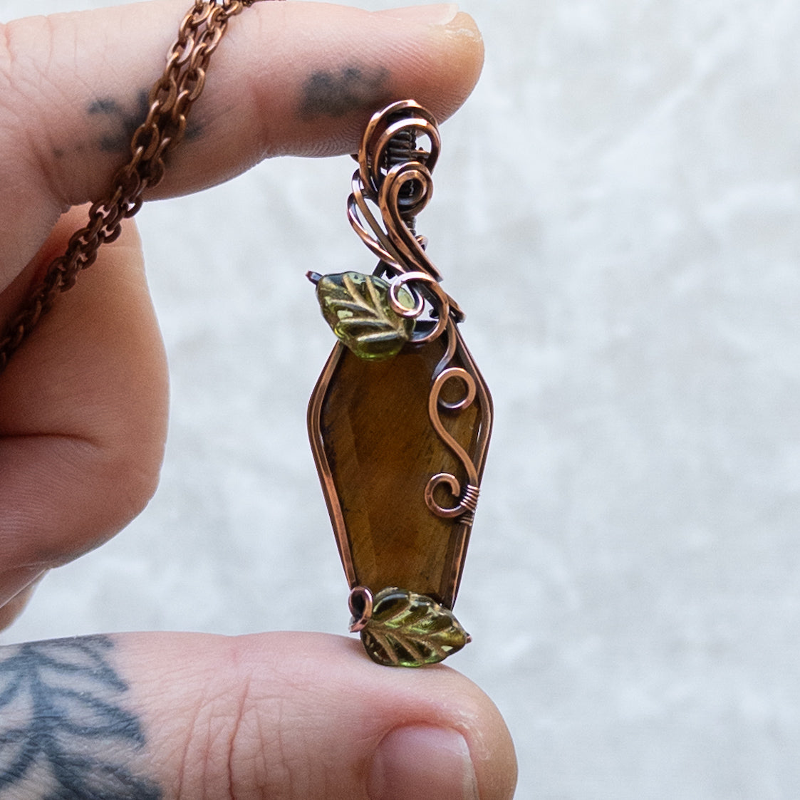 Tiger’s Eye Coffin & Leaves Antiqued Copper Pendant