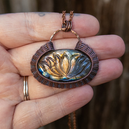 Lotus Carved Labradorite Woven Copper Pendant