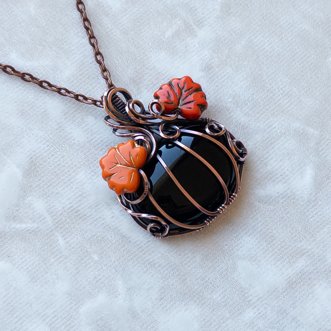 Black Onyx Antiqued Copper Pumpkin Pendant With Orange Leaves