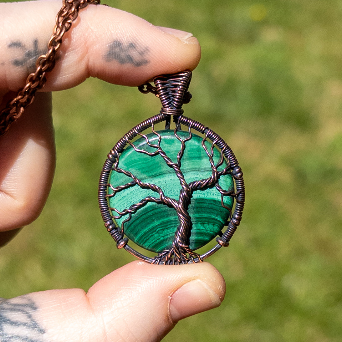 Malachite Tree Of Life Antiqued Copper Wrapped Pendant