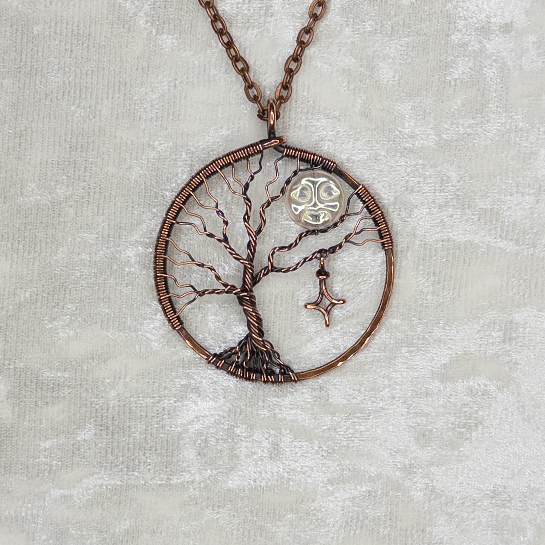“Moon In The Tree” Antiqued Copper Pendant With Iridescent Czech Glass Bead