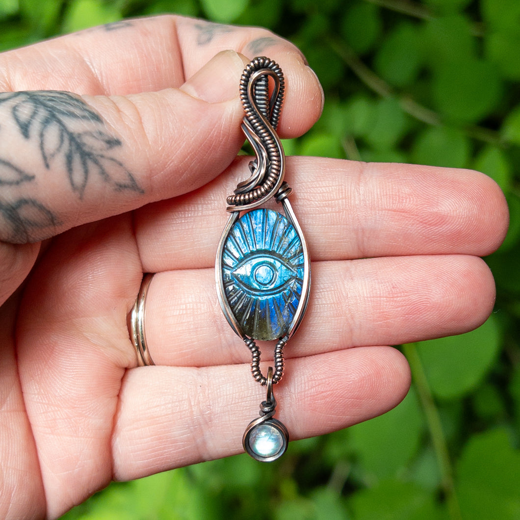 Labradorite Eye With Moonstone Charm Copper Wrapped Pendant