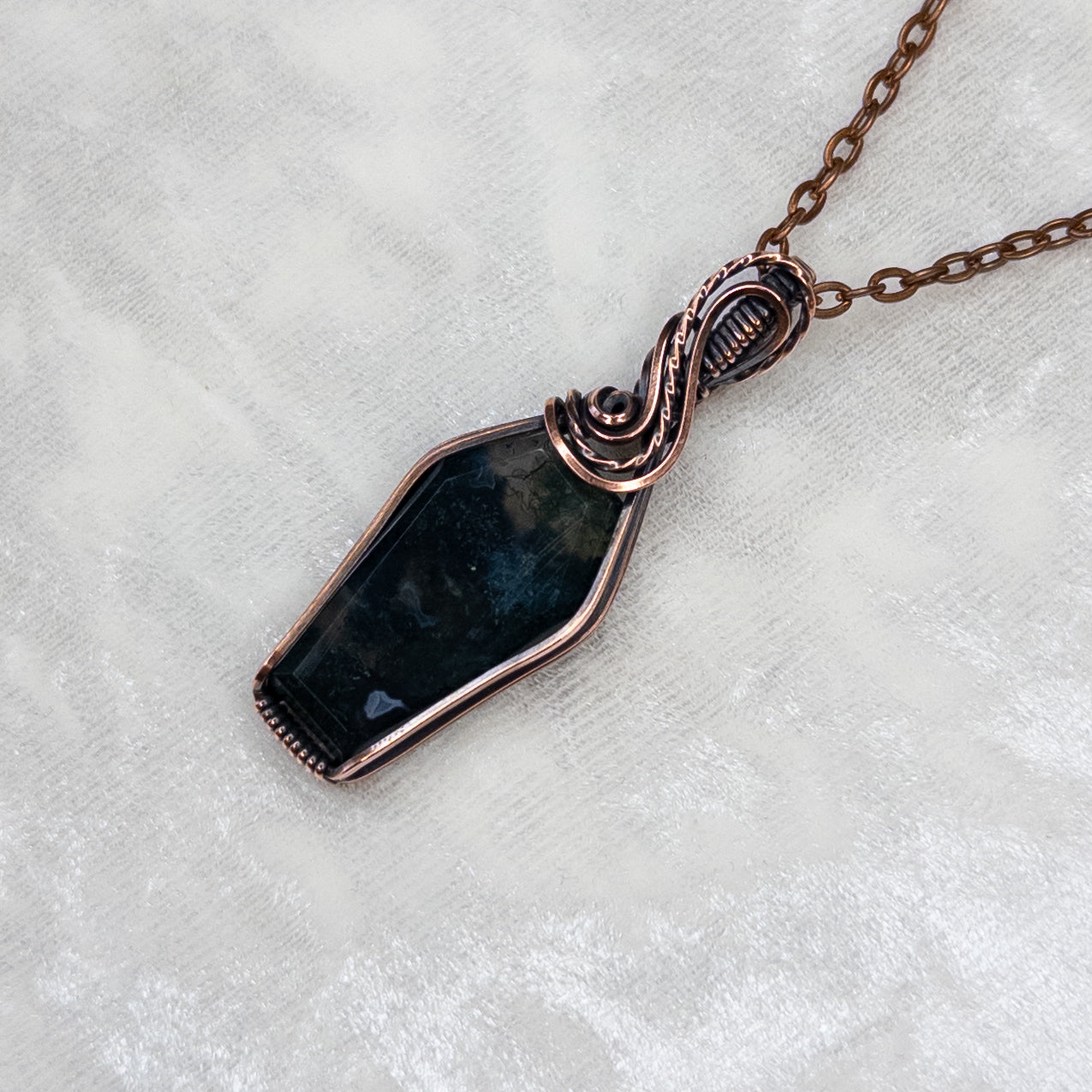Moss Agate Coffin Antiqued Copper Pendant