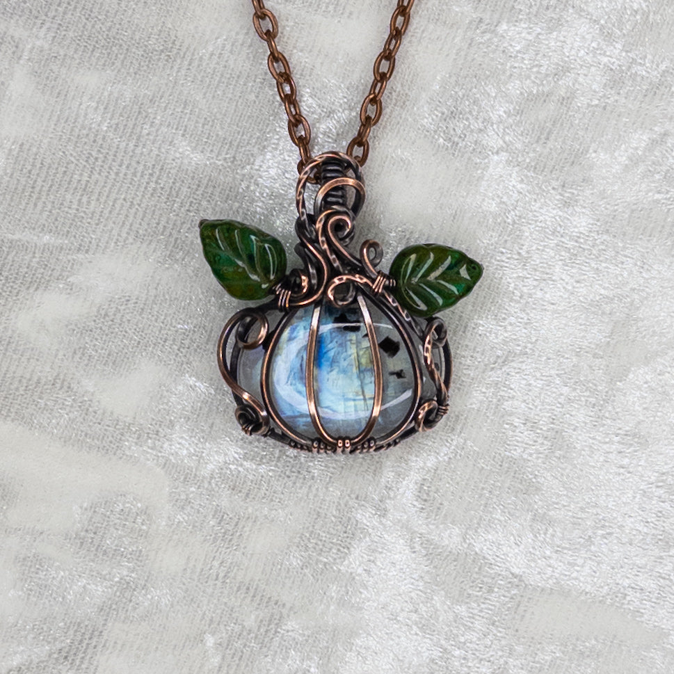 Rainbow Moonstone Antiqued Copper Pumpkin Pendant With Czech Glass Leaves