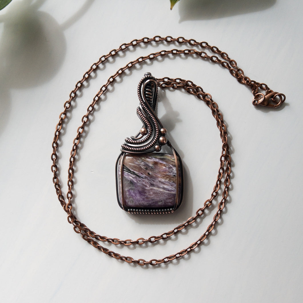 Square Charoite & Copper Wrapped Pendant