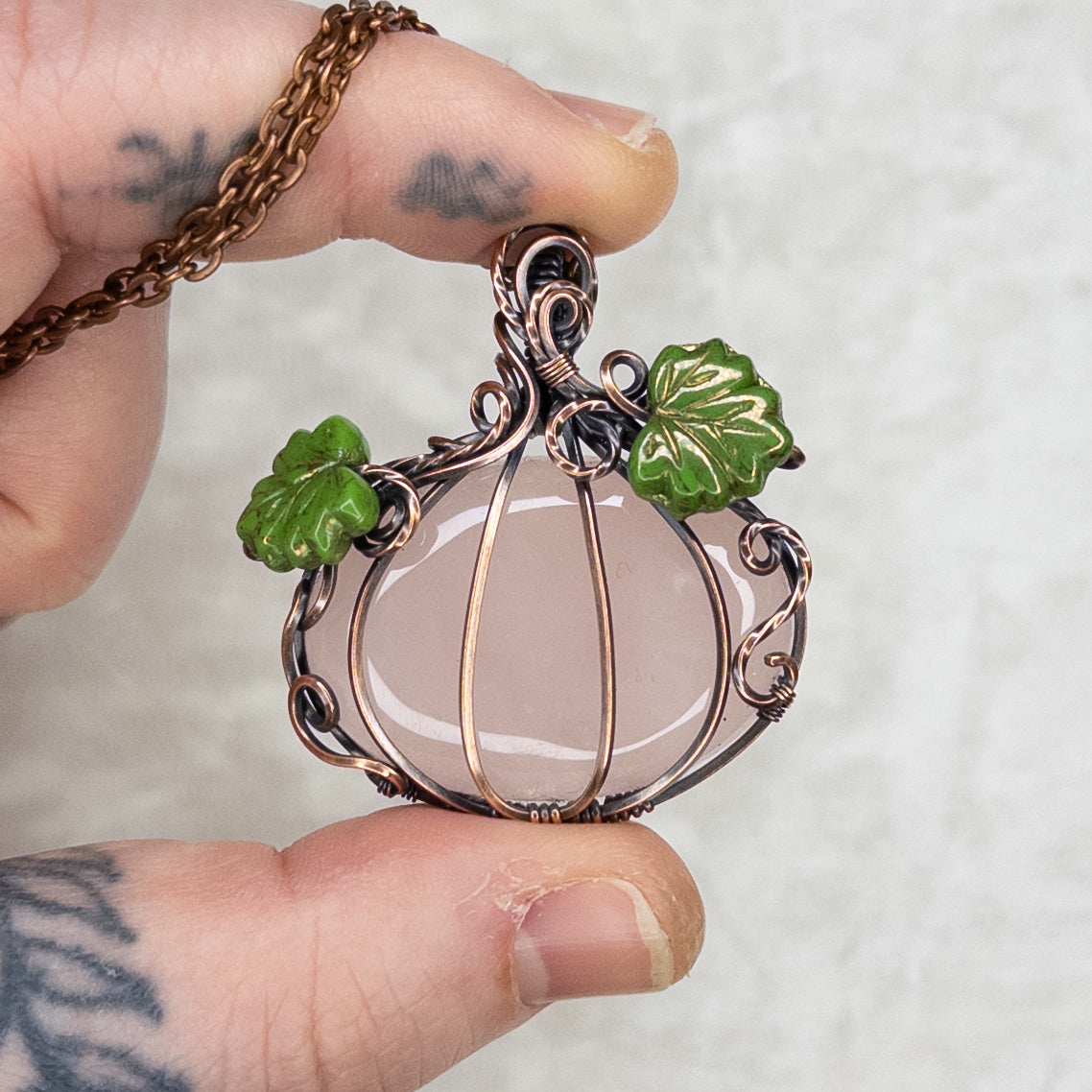 Large Rose Quartz Antiqued Copper Pumpkin Pendant With Czech Glass Leaves