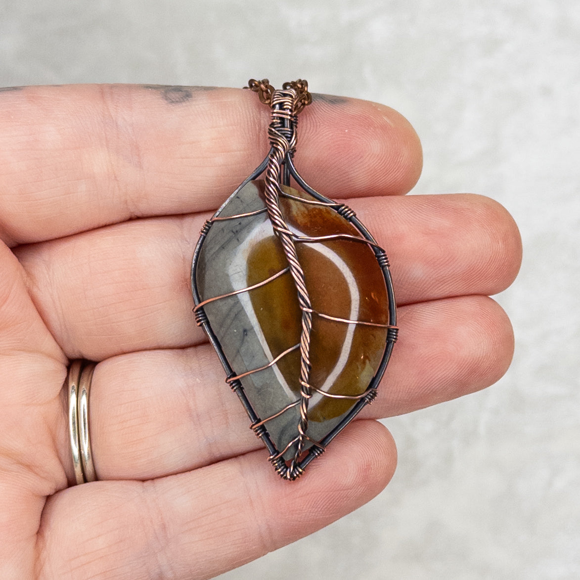 Polychrome Jasper Leaf Antiqued Copper Pendant