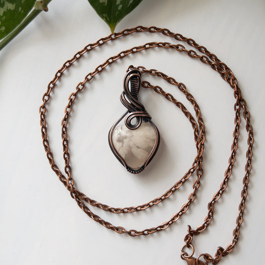 Flower Agate Heart & Copper Wrapped Pendant - D