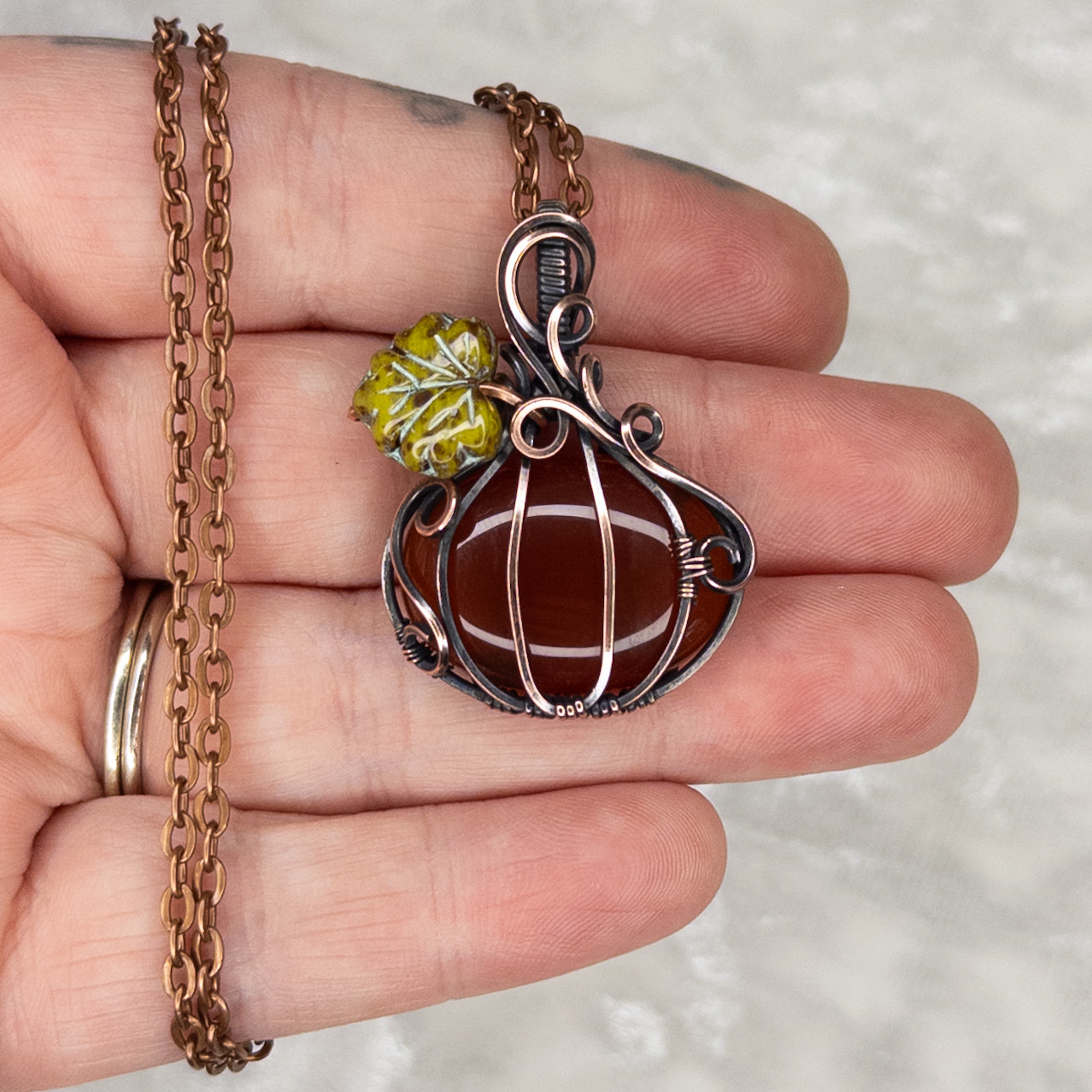 Red Carnelian Antiqued Copper Pumpkin Pendant With Czech Glass Leaf