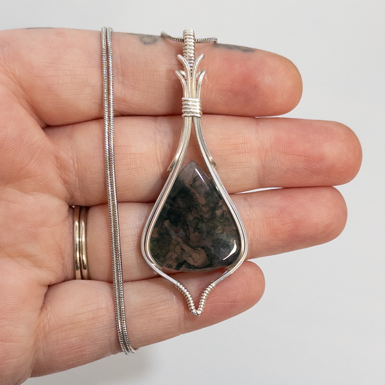 Moss Agate Sterling Silver Wrapped Pendant