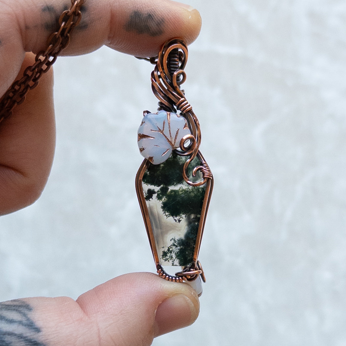 Moss Agate Coffin With Czech Glass Leaves Antiqued Copper Pendant
