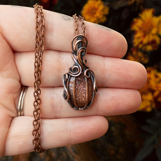 Dark Sunstone Antiqued Copper Pumpkin Pendant