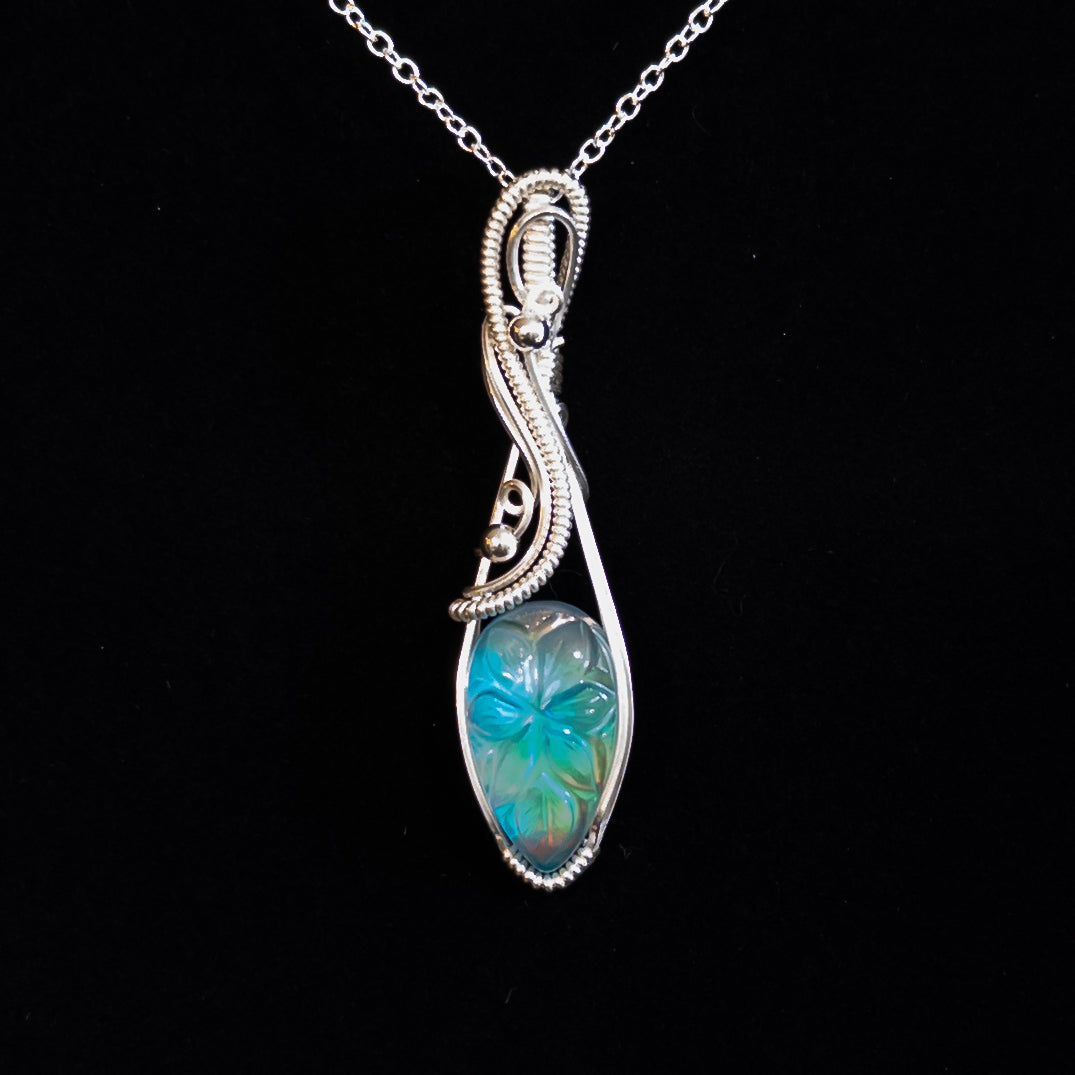 Leaf Motif Carved Aurora Opal & Quartz Doublet Sterling Silver Wire Wrapped Pendant