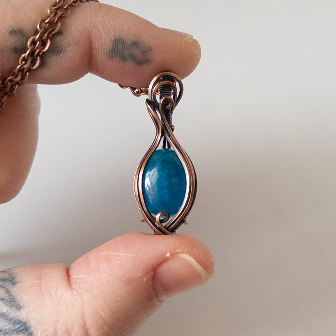 Dainty Blue Apatite Copper Wrapped Pendant