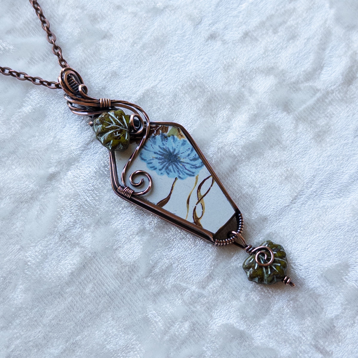 Vintage China Coffin Pendant With Czech Glass Leaves - Antiqued Copper