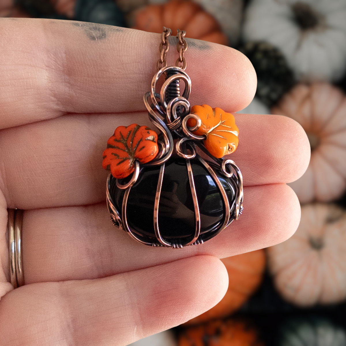 Black Onyx Pumpkin Antiqued Copper Pendant With Czech Glass Leaves
