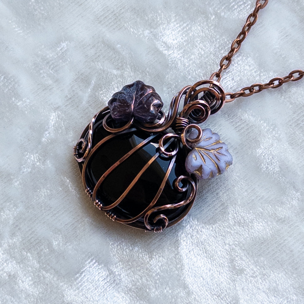 Black Onyx Pumpkin Pendant With Purple Czech Glass Leaves - Antiqued Copper