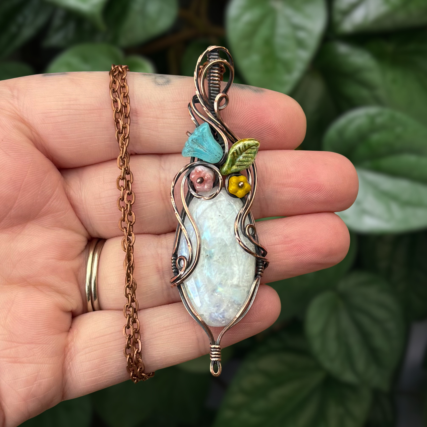 Moonstone & Czech Glass Antiqued Copper “Bouquet” Pendant