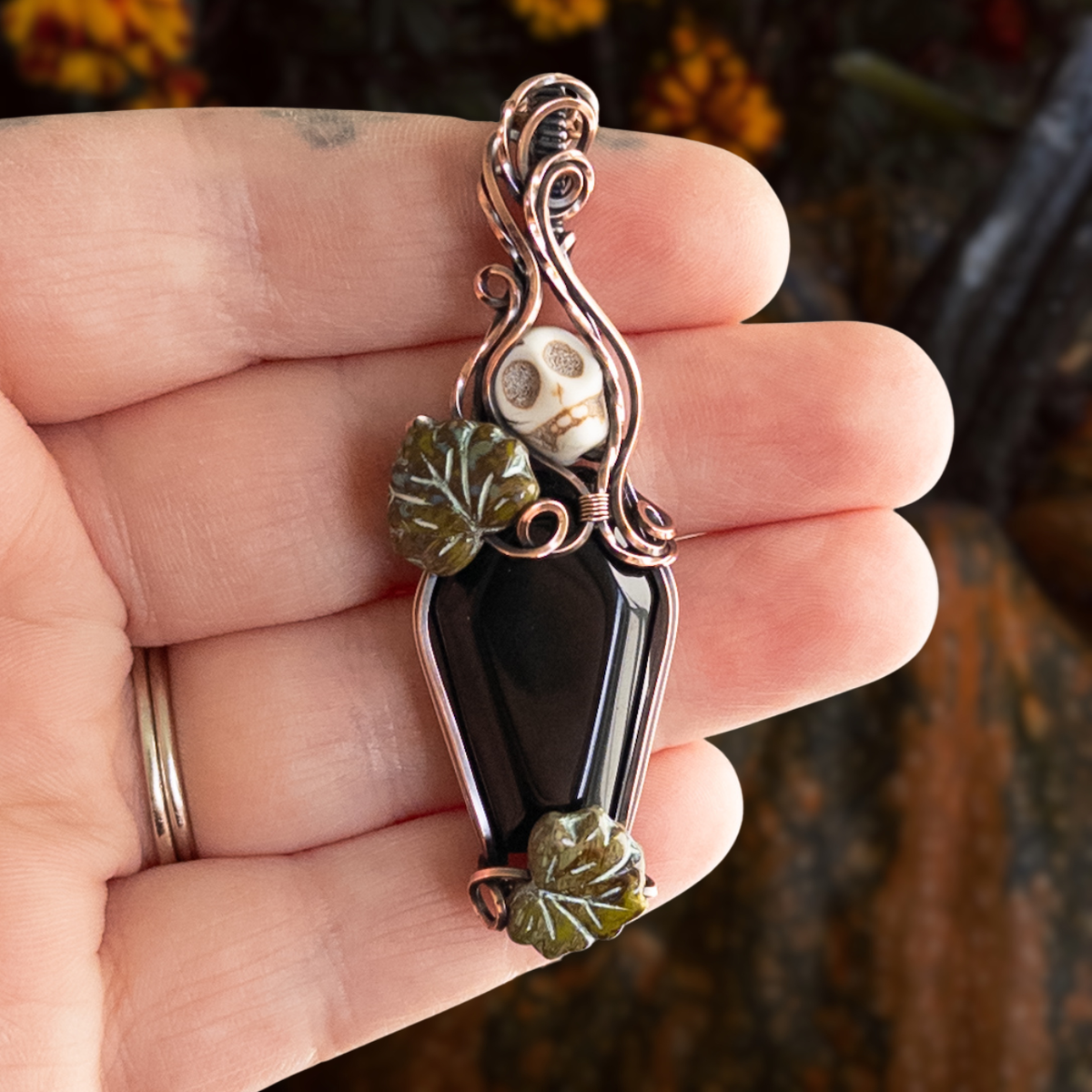 Obsidian Coffin & Skull Antiqued Copper Pendant With Czech Glass Leaves