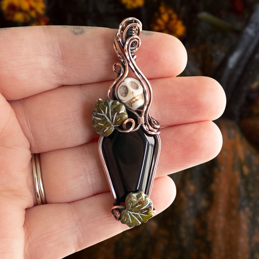 Obsidian Coffin & Skull Antiqued Copper Pendant With Czech Glass Leaves