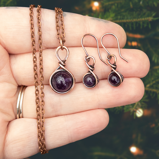 Drops of Amethyst Antiqued Copper Pendant & Earrings Set