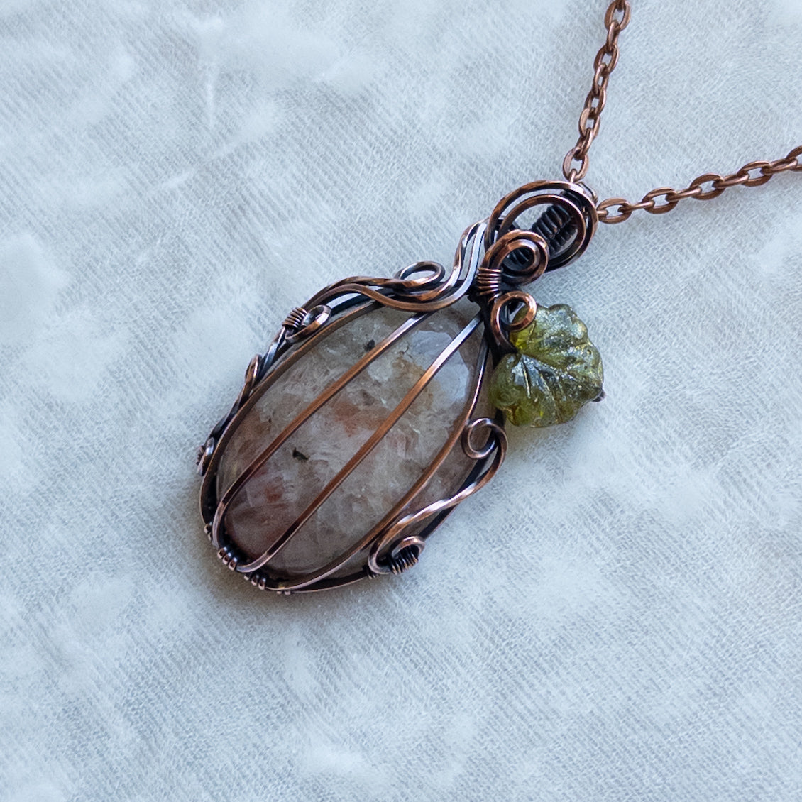Sunstone Antiqued Copper Pumpkin Pendant With Czech Glass Leaf