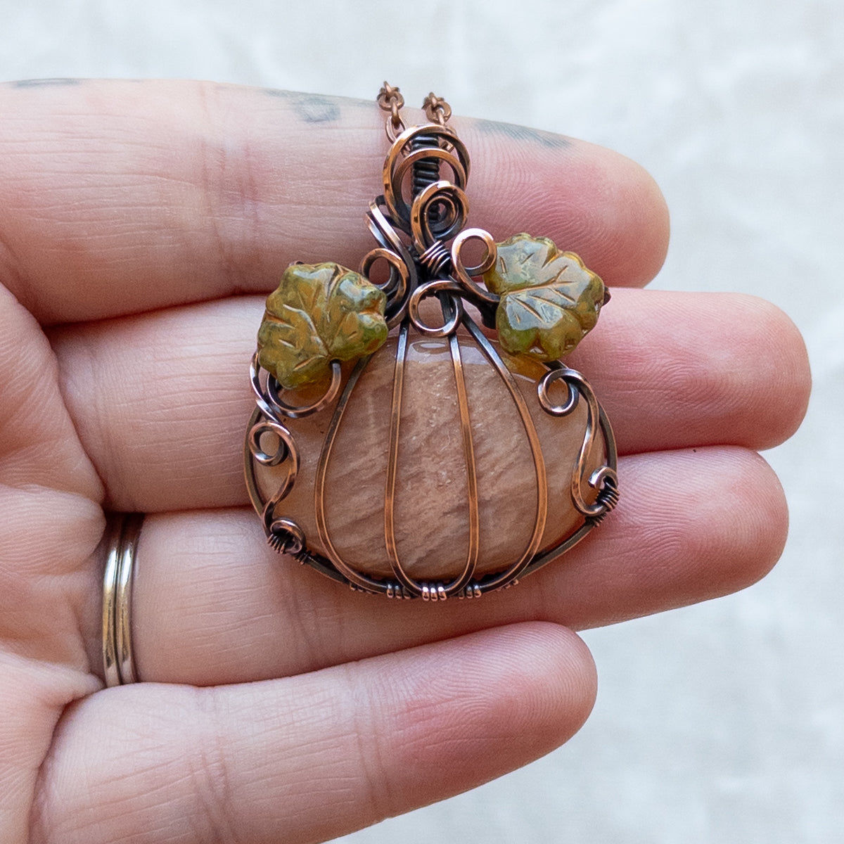 Peach Amazonite Antiqued Copper Pumpkin Pendant With Czech Glass Leaves
