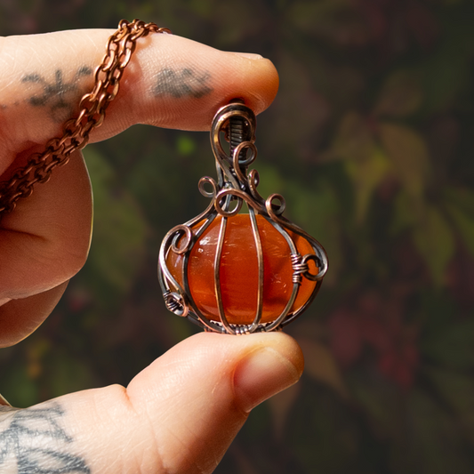 Red Carnelian Antiqued Copper Pumpkin Pendant