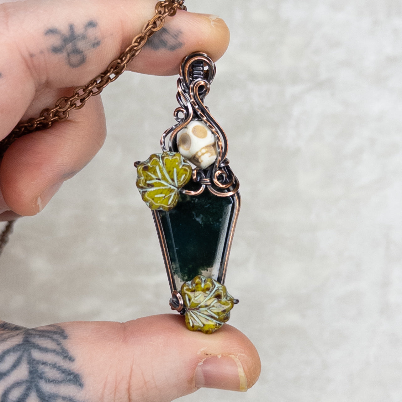 Moss Agate Coffin Antiqued Copper Pendant With Czech Glass Leaves & Stone Skull