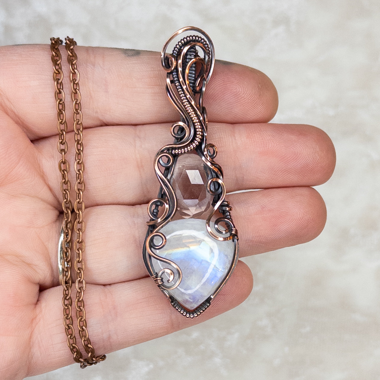 Rainbow Moonstone & Rose Cut Quartz Antiqued Copper Pendant