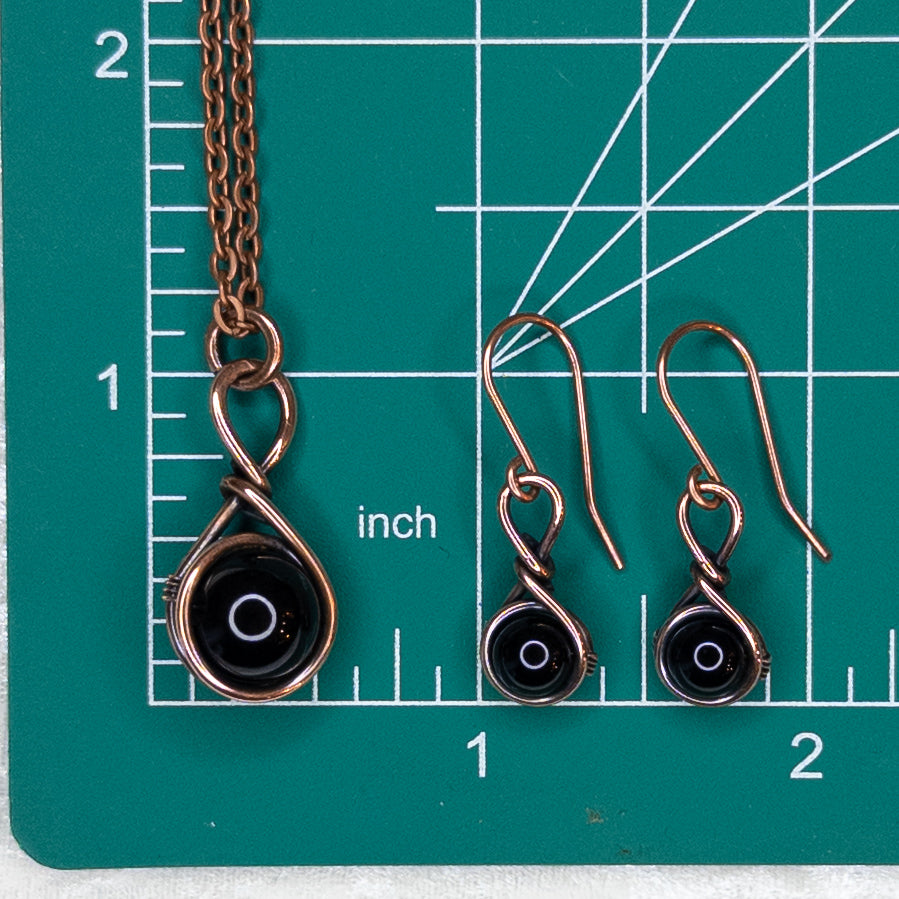 Drops of Obsidian Antiqued Copper Pendant & Earrings Set