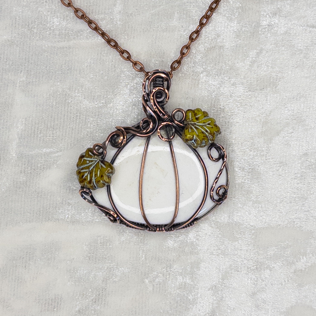 Large White Scolecite Antiqued Copper Pumpkin Pendant with Czech Glass Leaves