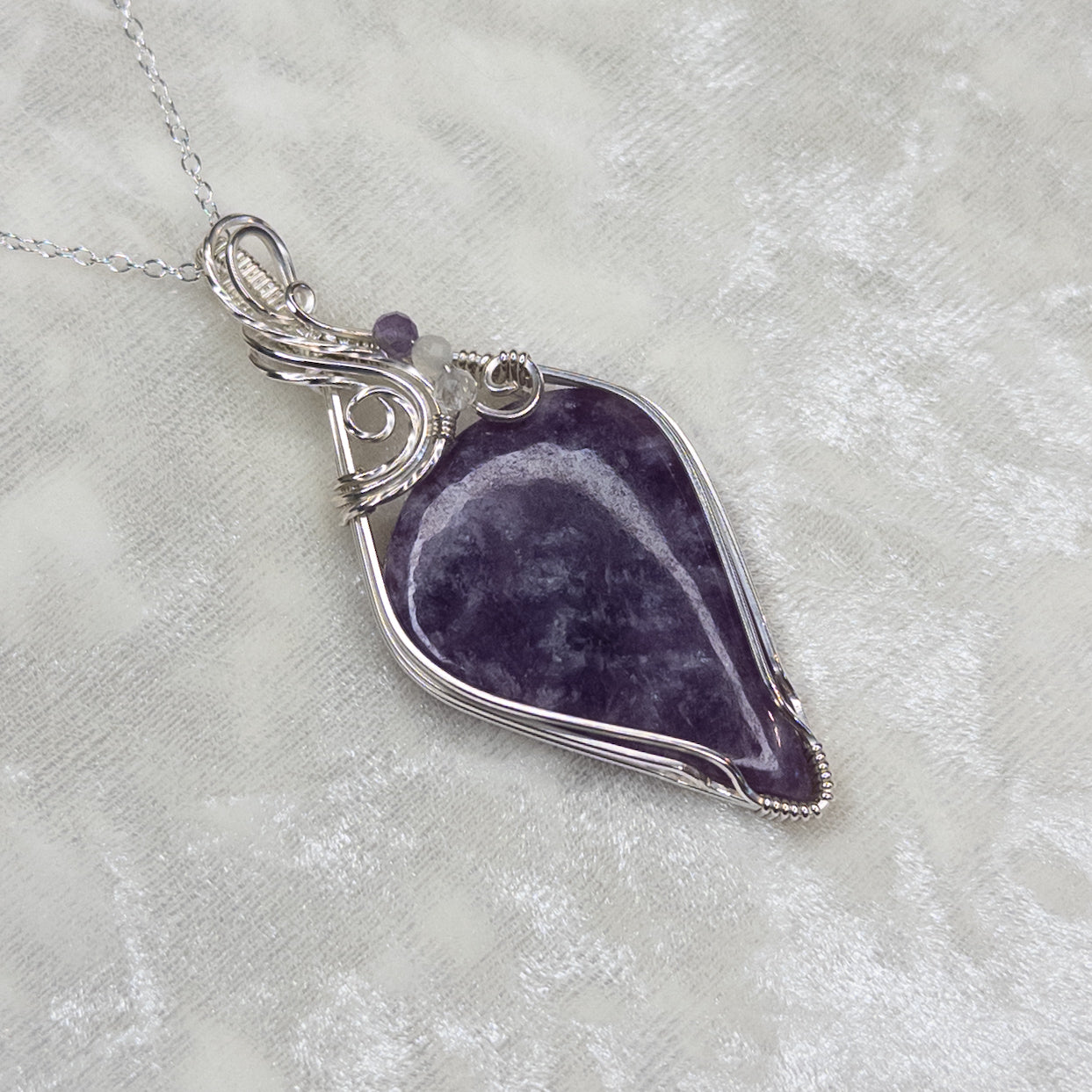 Lepidolite .925 Sterling Silver Pendant With Faceted Amethyst, Moonstone, & Quartz Beads