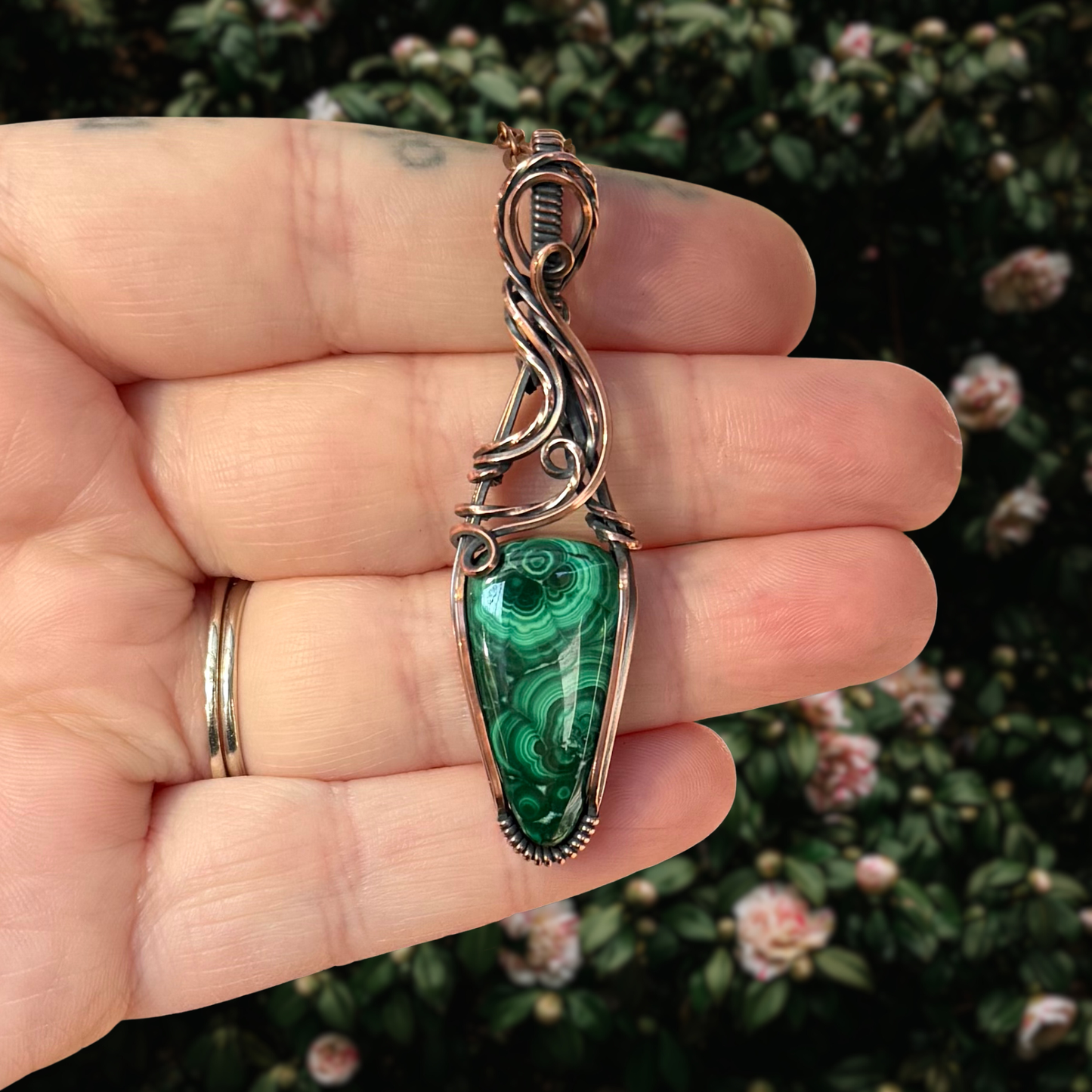 “Blossom” Malachite Antiqued Copper Pendant