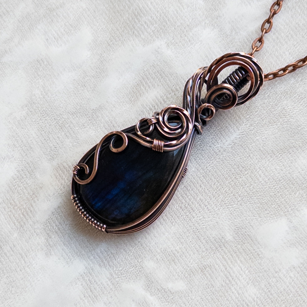 Dark Blue Labradorite Antiqued Copper Pendant