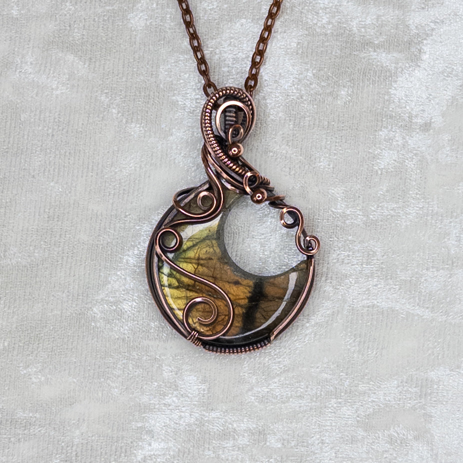 Golden Labradorite Moon Antiqued Copper Pendant