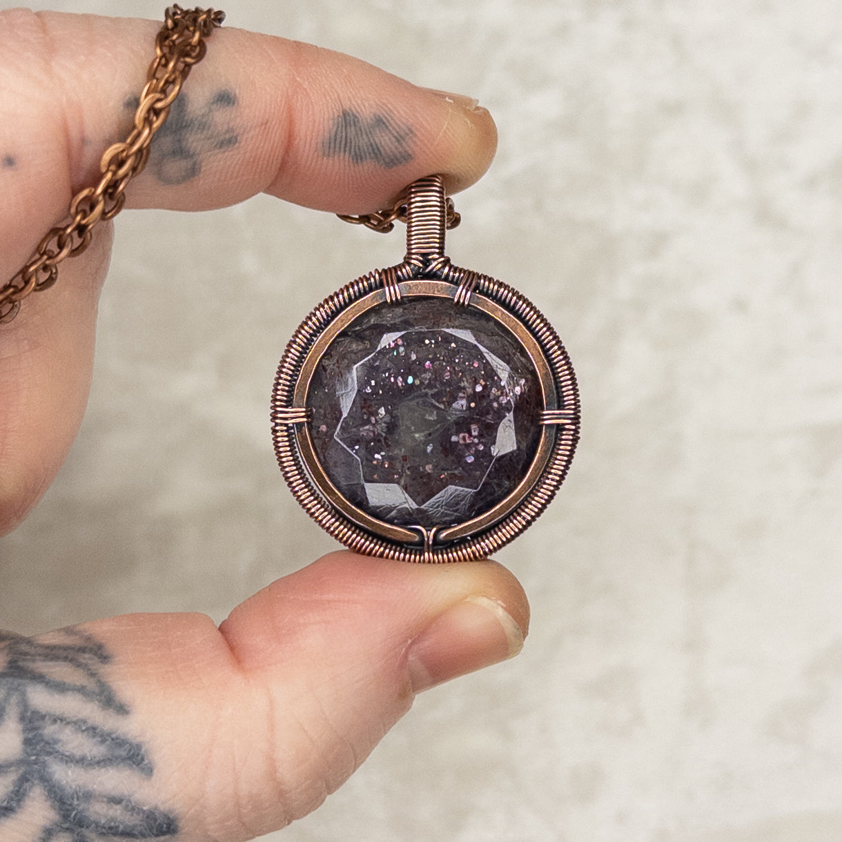Faceted Bloodshot Iolite Antiqued Copper Medallion Pendant